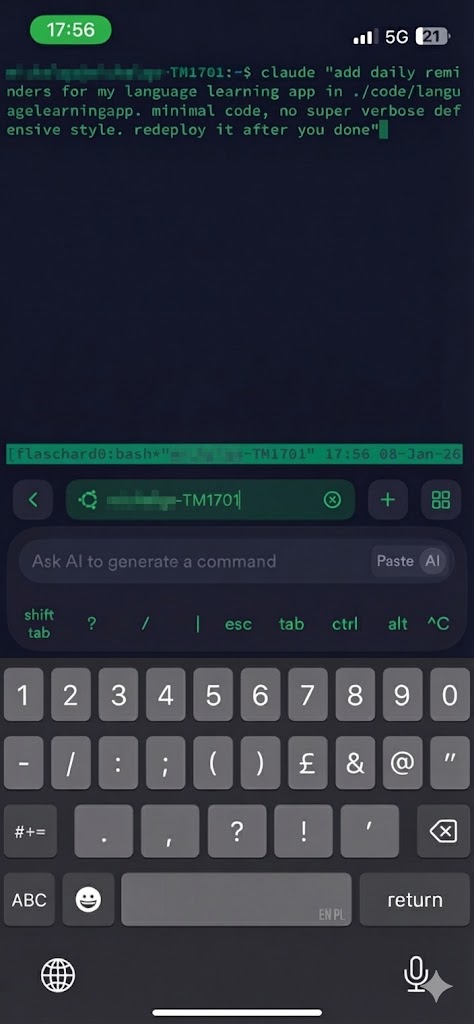Claude Code running on phone via Termius